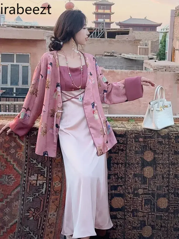 Chinese Style Coat Women 2024 Autumn Dress New Retro Fashion Super Fairy Slip Dress Suit Regulai Fit Vestidos De Mujer
