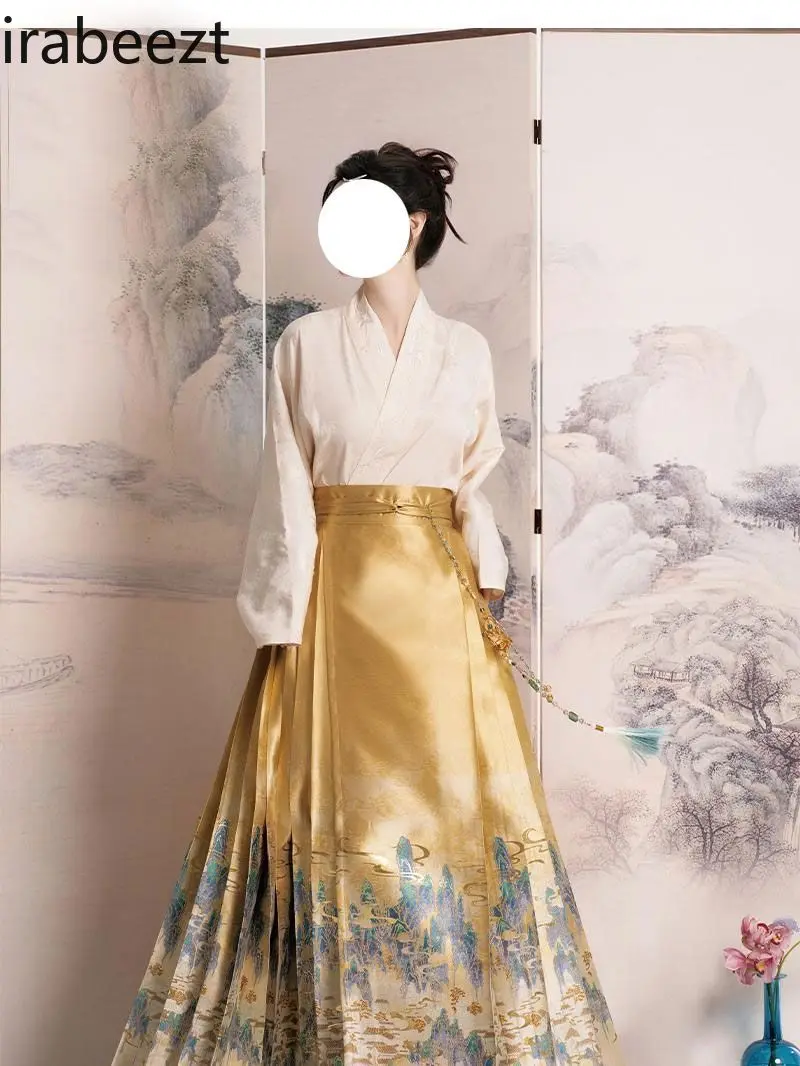 Women's Hanfu Set Elegant Vintage Style Daily Wear Long Pleated Skirt with Belt Two-Piece Outfit Traditional Chinese Costum
