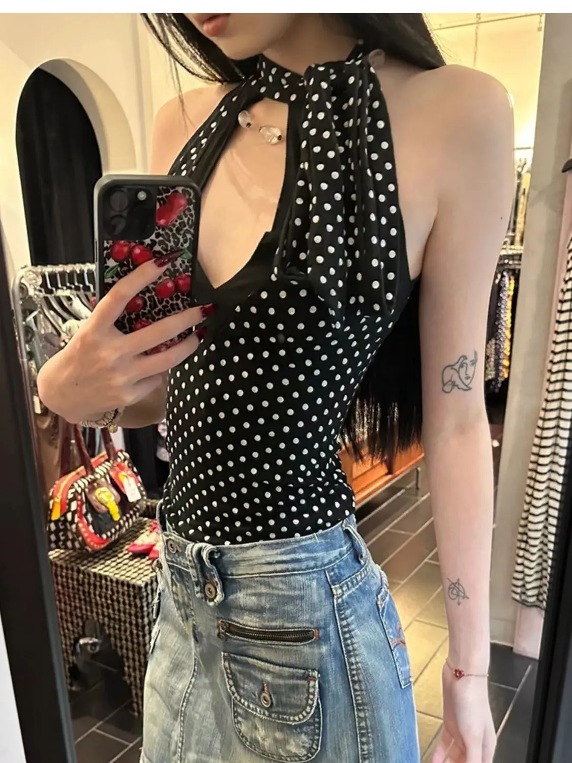 French Polka Dot Halter Vest Summer New Sexy Girl Design Hollow Out Thin Everything Vetement Femme Slim Fit Y2k Crop Top
