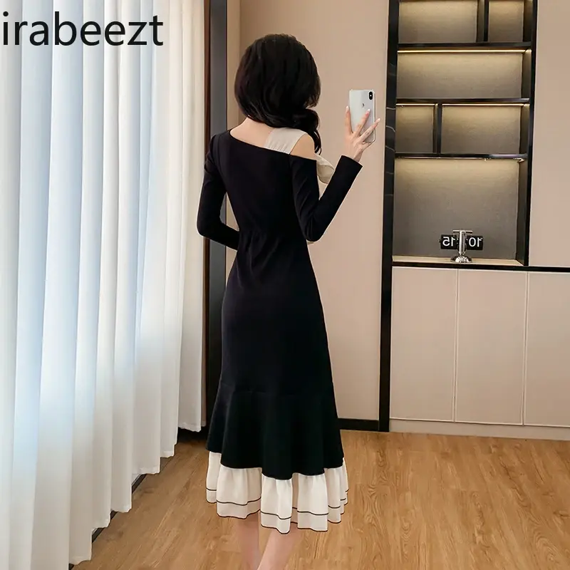 French Hepburn Bow Long Skirt Waist Slimming Fishtail Knit Dress Regulai Fit Vestido Streetwear Knitted Vintage Dress