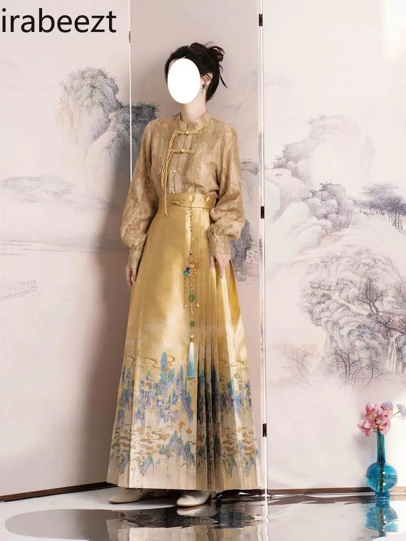 Women's Hanfu Set Elegant Vintage Style Daily Wear Long Pleated Skirt with Belt Two-Piece Outfit Traditional Chinese Costum