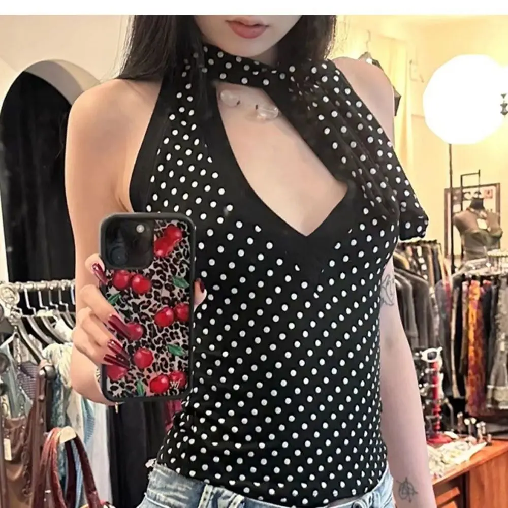 French Polka Dot Halter Vest Summer New Sexy Girl Design Hollow Out Thin Everything Vetement Femme Slim Fit Y2k Crop Top