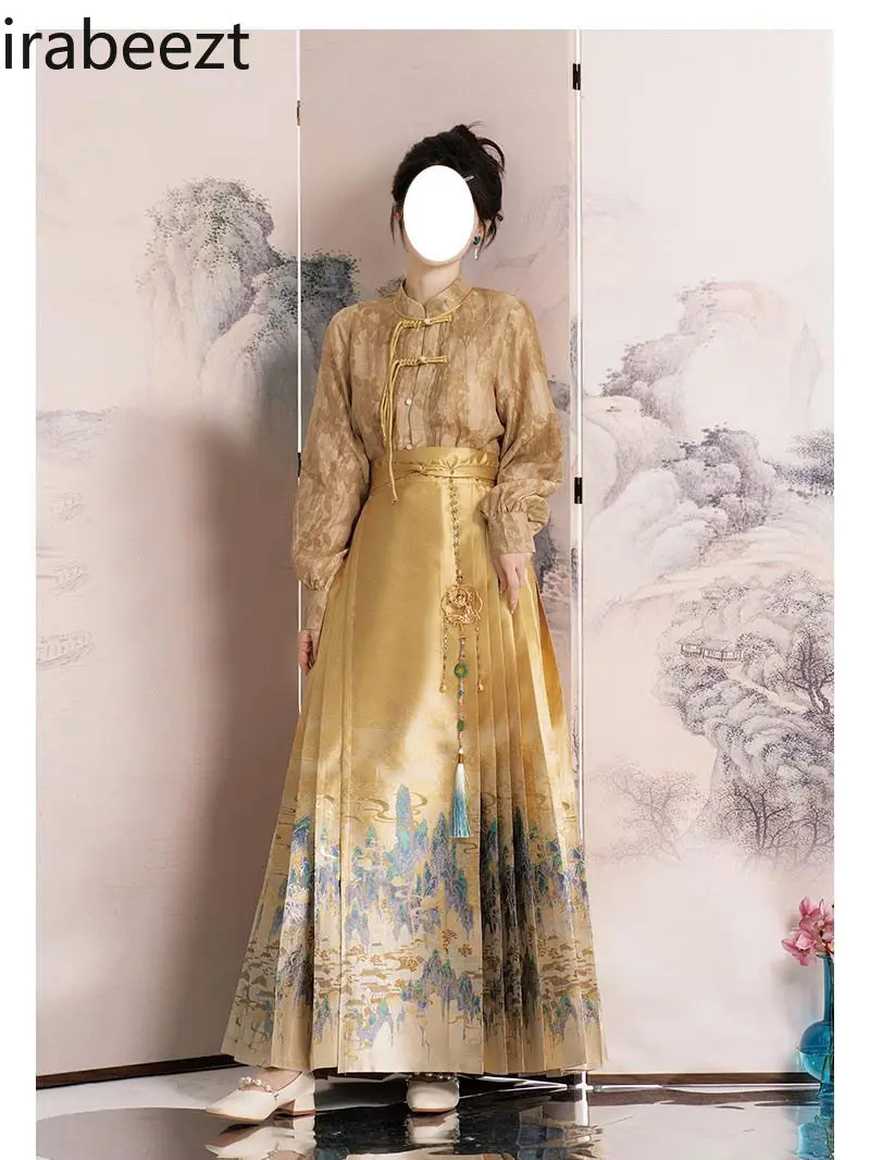 Women's Hanfu Set Elegant Vintage Style Daily Wear Long Pleated Skirt with Belt Two-Piece Outfit Traditional Chinese Costum