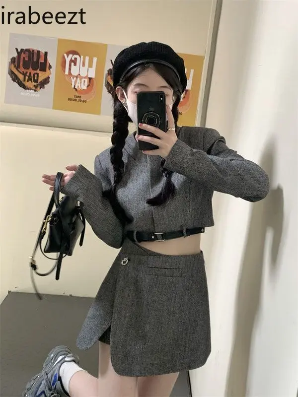 Autumn Elegant Retro Fashion Suit Long Sleeve Short Top Female Spice Girl Bag Hip Skirt Two-piece Jupe Et Haut Ensenble Femme