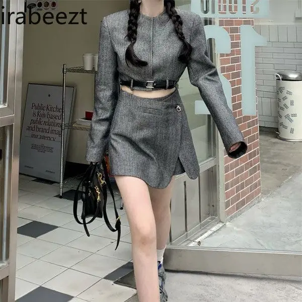 Autumn Elegant Retro Fashion Suit Long Sleeve Short Top Female Spice Girl Bag Hip Skirt Two-piece Jupe Et Haut Ensenble Femme