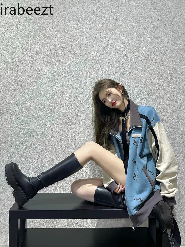 Korean Loose Contrast Color Stitching Blue Baseball Coat Female Hot Style Stand Collar 2025 New Spring and Autumn Jacket Tops