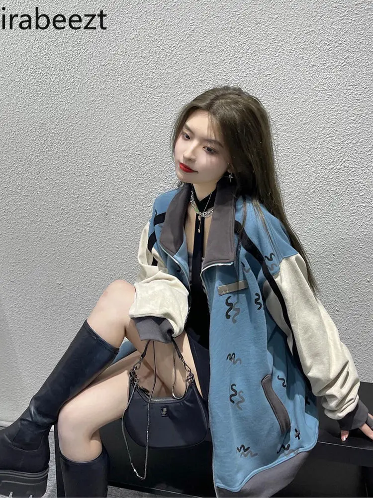 Korean Loose Contrast Color Stitching Blue Baseball Coat Female Hot Style Stand Collar 2025 New Spring and Autumn Jacket Tops