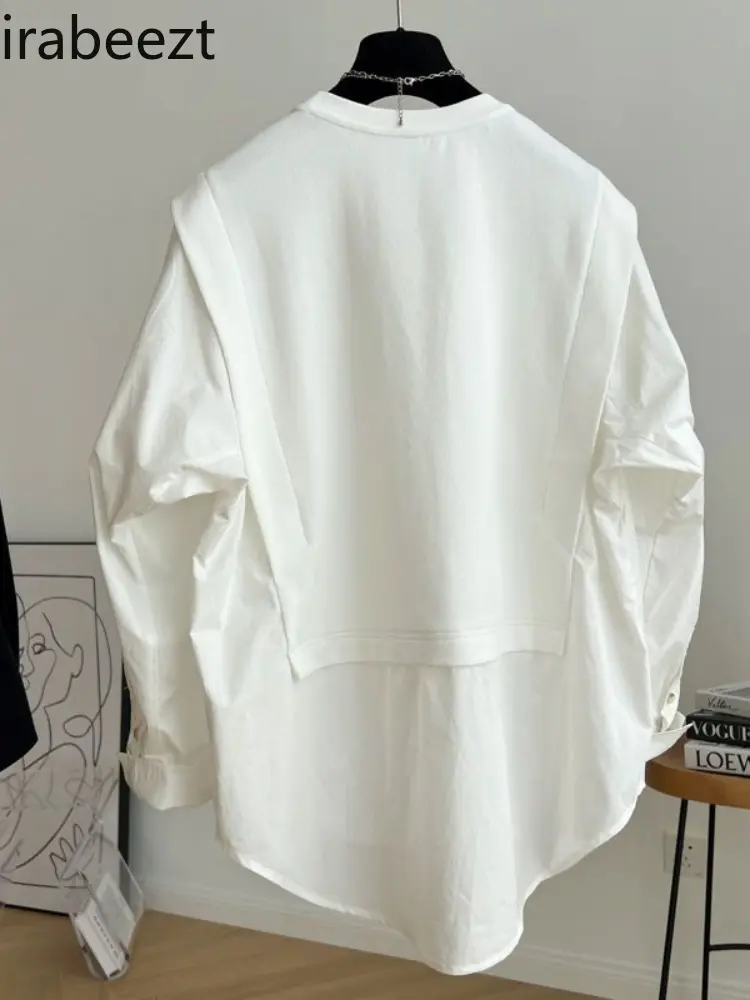 Large Size French Design Sense Stitching Fake Two Long Sleeve Shirt Female Loose Doll Blouse Slight Strech Blusas De Mujer
