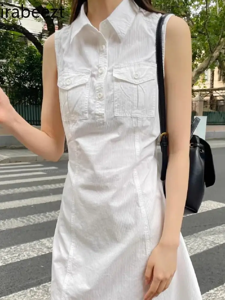 POLO Sleeveless Slim Fit Pure Cotton White Double Pocket Workwear Simple Shirt Dress Student Skirt Summer Dress Women