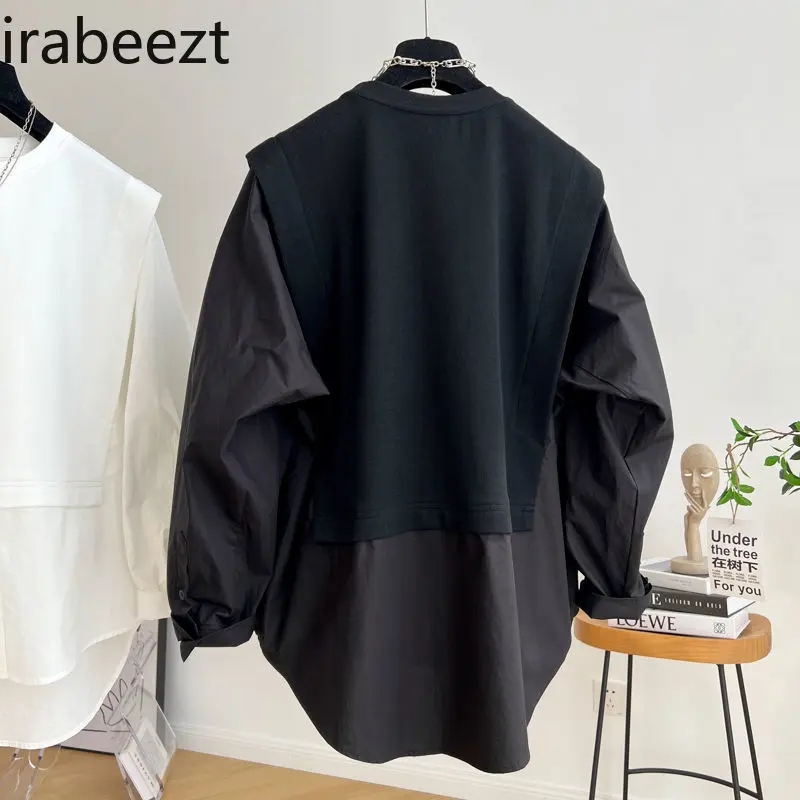 Large Size French Design Sense Stitching Fake Two Long Sleeve Shirt Female Loose Doll Blouse Slight Strech Blusas De Mujer