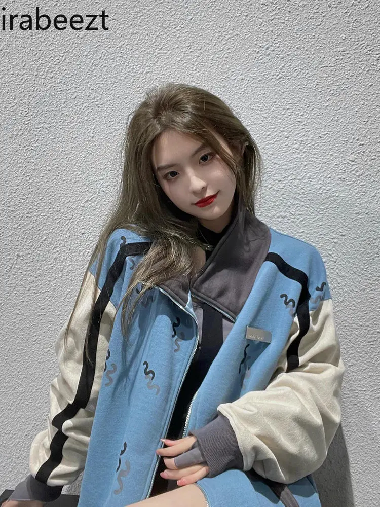 Korean Loose Contrast Color Stitching Blue Baseball Coat Female Hot Style Stand Collar 2025 New Spring and Autumn Jacket Tops