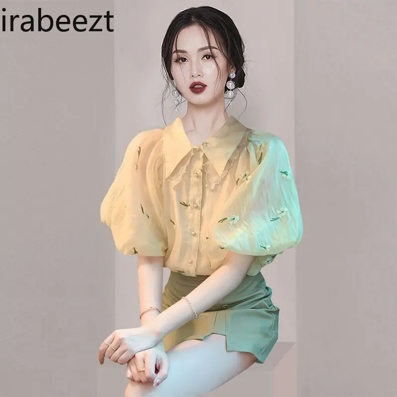 Temperament Style Chic Puff Sleeve T Shirt 2024 Summer New Women's Clothing Design Sense Age-reducing Doll Collar Blouse
