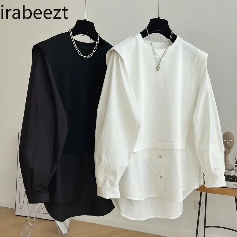 Large Size French Design Sense Stitching Fake Two Long Sleeve Shirt Female Loose Doll Blouse Slight Strech Blusas De Mujer