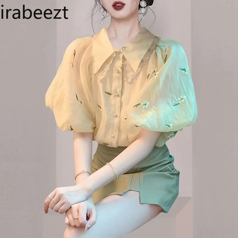 Temperament Style Chic Puff Sleeve T Shirt 2024 Summer New Women's Clothing Design Sense Age-reducing Doll Collar Blouse