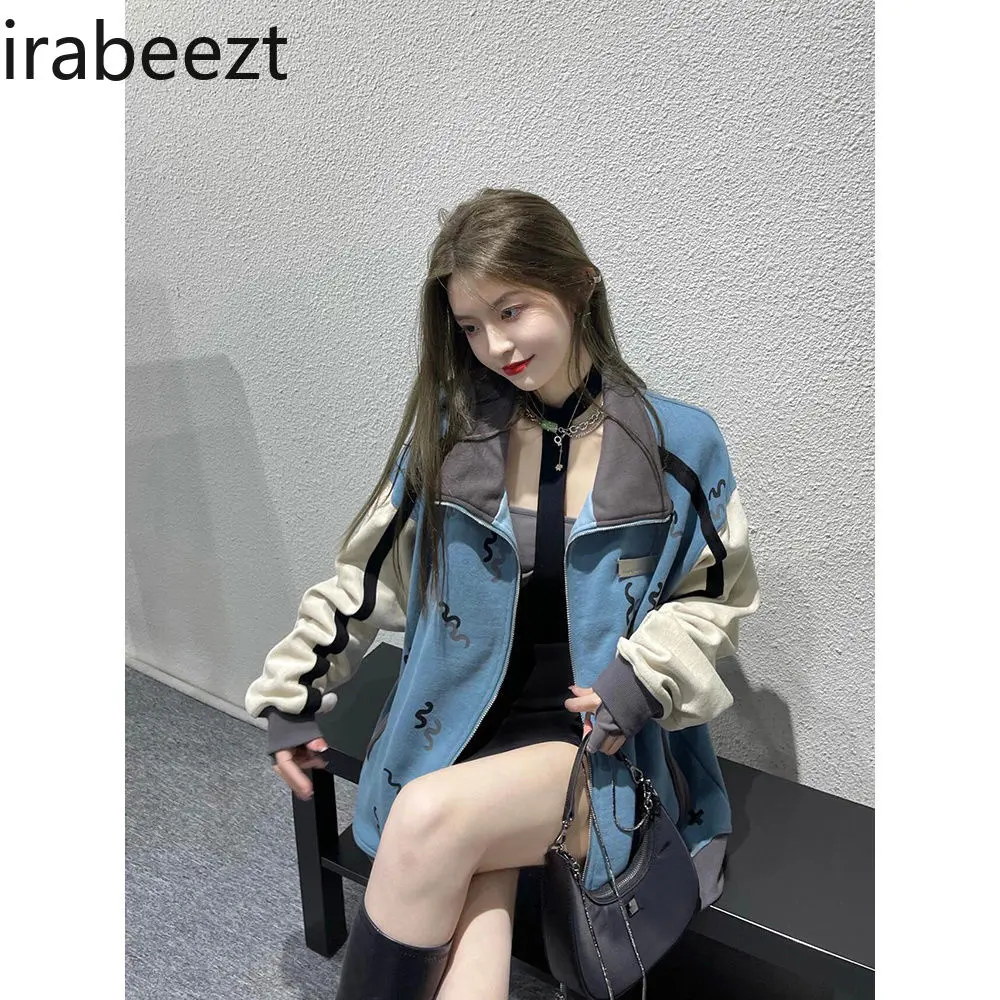 Korean Loose Contrast Color Stitching Blue Baseball Coat Female Hot Style Stand Collar 2025 New Spring and Autumn Jacket Tops