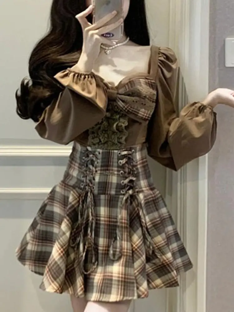 Preppy High-grade Sweet Suit Autumn Women's Bow Blouse with Waist Strap Princess Skirt Plaid Two-piece Set Conjuntos De Falda