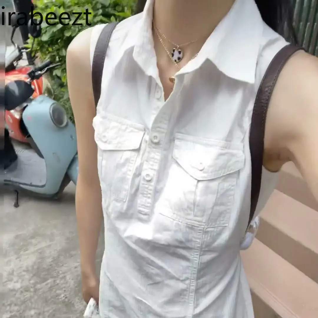 POLO Sleeveless Slim Fit Pure Cotton White Double Pocket Workwear Simple Shirt Dress Student Skirt Summer Dress Women
