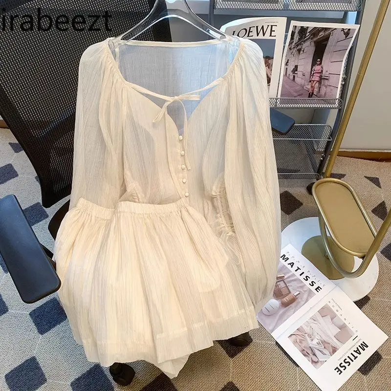 French V Neck Tie Drawstring Pleated Thin Summer Sun - Protection Blouse Top for Women & High - Waisted Shorts Two - Piece Set