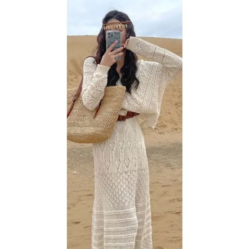 Women's Skirt Sets V-Neck Single Breasted Loose Cardigan High Waisted Mid Length Skirt Bohemian Knitted Two Piece Lady's Clothes