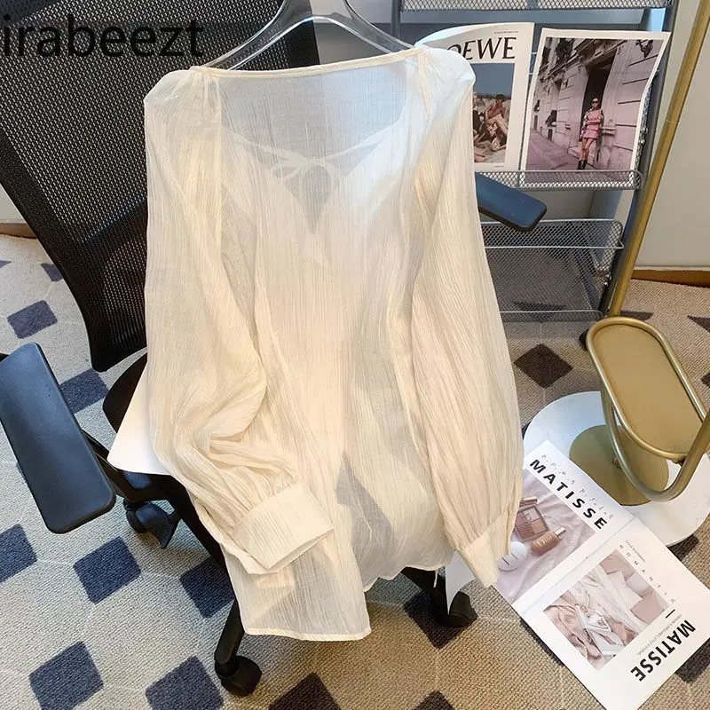 French V Neck Tie Drawstring Pleated Thin Summer Sun - Protection Blouse Top for Women & High - Waisted Shorts Two - Piece Set