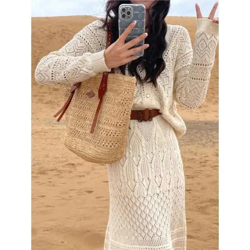 Women's Skirt Sets V-Neck Single Breasted Loose Cardigan High Waisted Mid Length Skirt Bohemian Knitted Two Piece Lady's Clothes