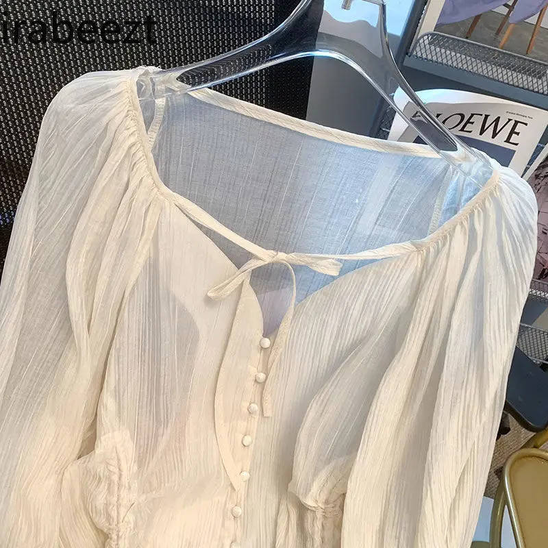 French V Neck Tie Drawstring Pleated Thin Summer Sun - Protection Blouse Top for Women & High - Waisted Shorts Two - Piece Set