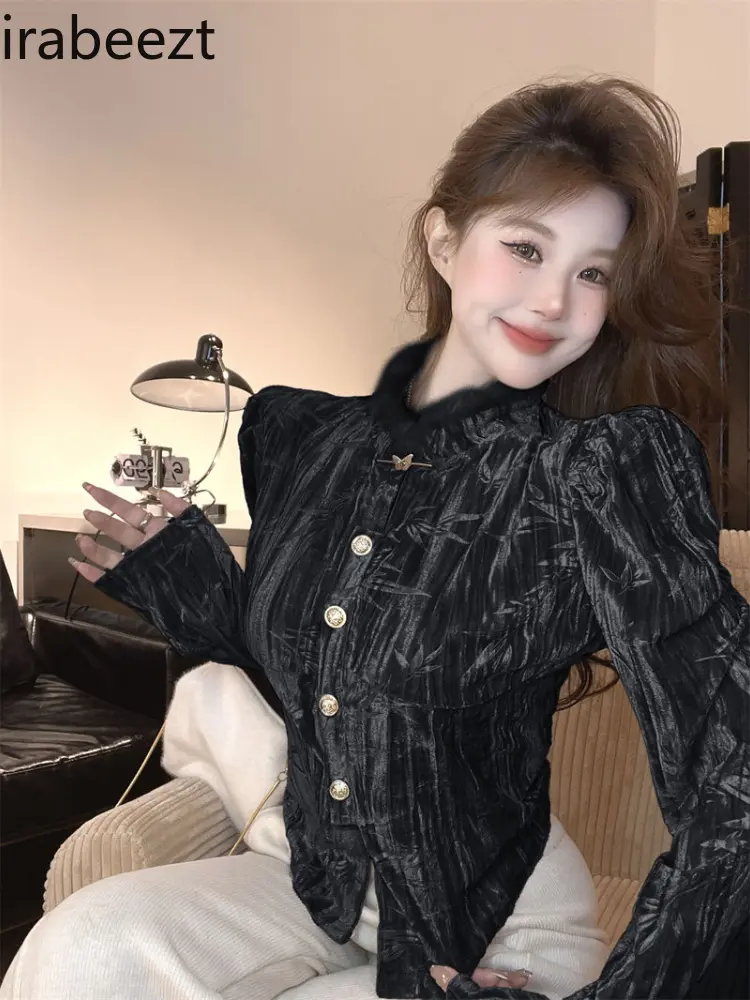 Senior Sense Outside To Wear Stand Collar Canary Puffed Sleeve Top Female New Autumn and Winter Style Slender Long-sleeved Shirt