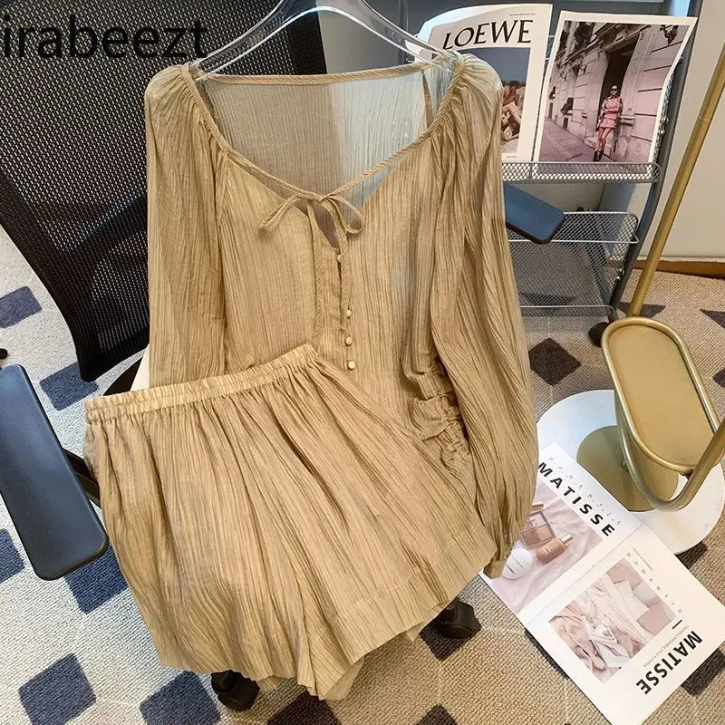 French V Neck Tie Drawstring Pleated Thin Summer Sun - Protection Blouse Top for Women & High - Waisted Shorts Two - Piece Set