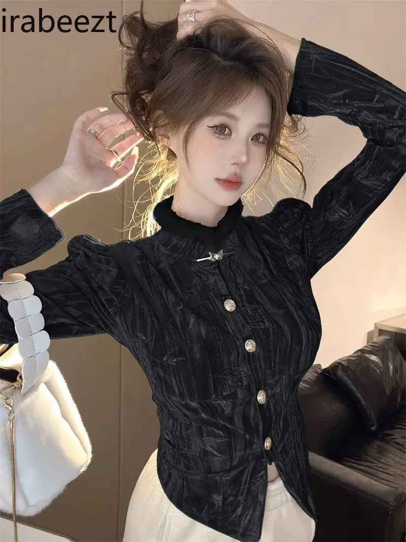 Senior Sense Outside To Wear Stand Collar Canary Puffed Sleeve Top Female New Autumn and Winter Style Slender Long-sleeved Shirt