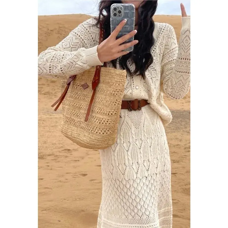 Women's Skirt Sets V-Neck Single Breasted Loose Cardigan High Waisted Mid Length Skirt Bohemian Knitted Two Piece Lady's Clothes