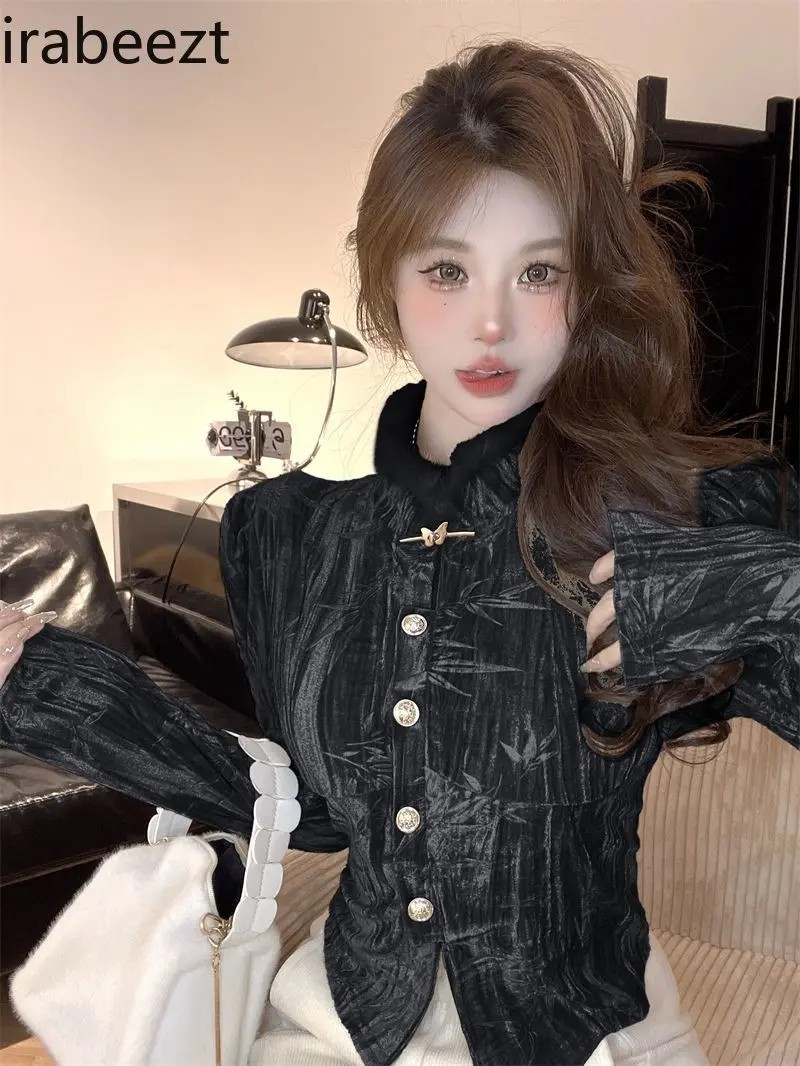 Senior Sense Outside To Wear Stand Collar Canary Puffed Sleeve Top Female New Autumn and Winter Style Slender Long-sleeved Shirt