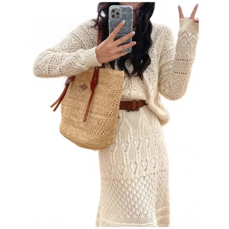 Women's Skirt Sets V-Neck Single Breasted Loose Cardigan High Waisted Mid Length Skirt Bohemian Knitted Two Piece Lady's Clothes
