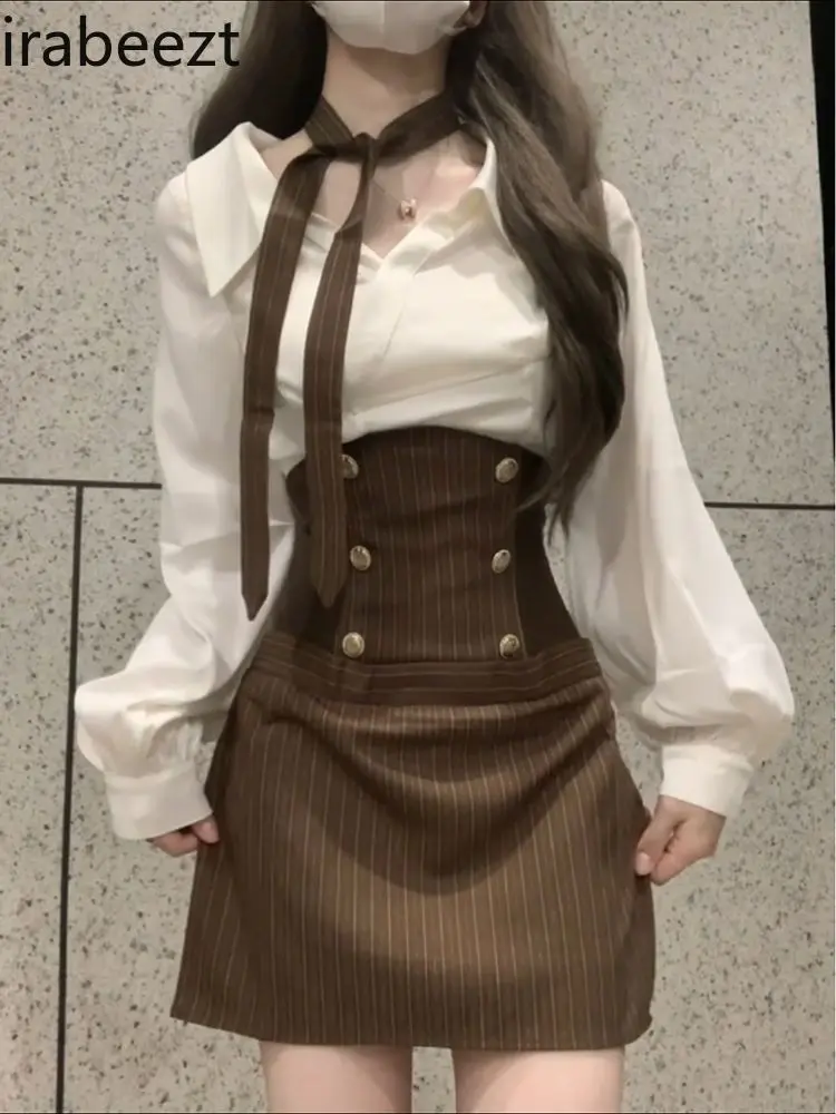 Autumn Korean Fashion Women's Blouse & Midi Skirt Set - High-Waisted Vintage Elegant & Luxurious Office & Date Wear Two-Piece