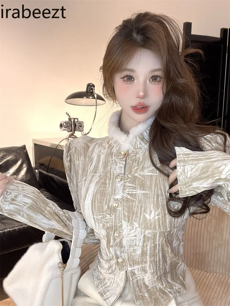 Senior Sense Outside To Wear Stand Collar Canary Puffed Sleeve Top Female New Autumn and Winter Style Slender Long-sleeved Shirt