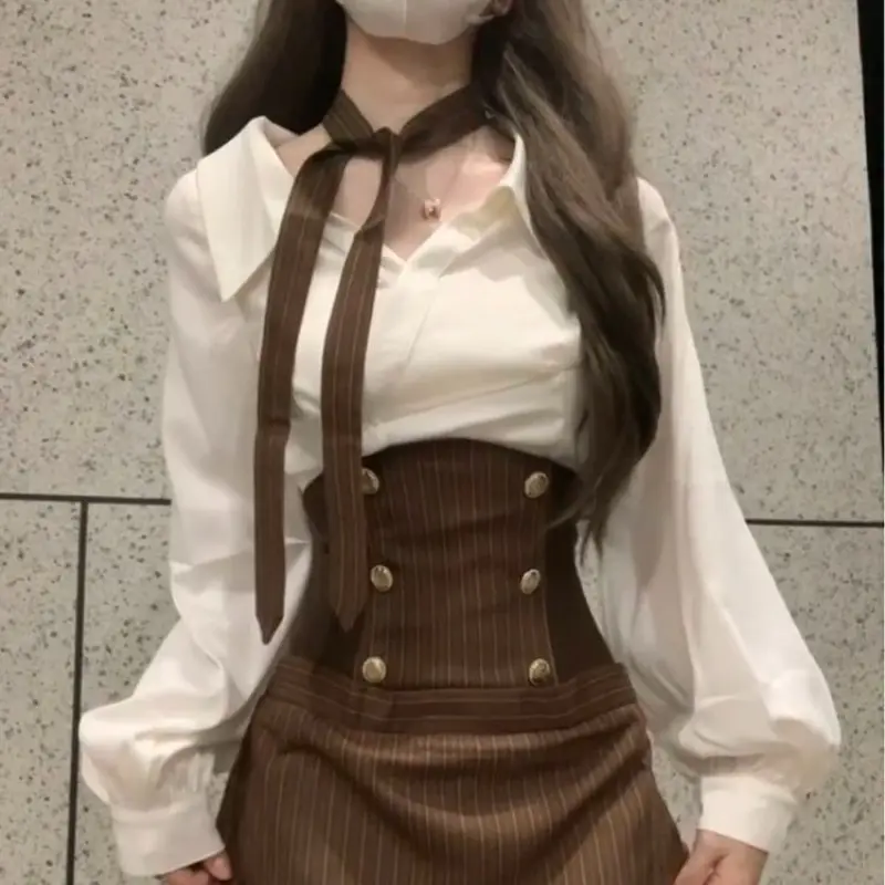 Autumn Korean Fashion Women's Blouse & Midi Skirt Set - High-Waisted Vintage Elegant & Luxurious Office & Date Wear Two-Piece