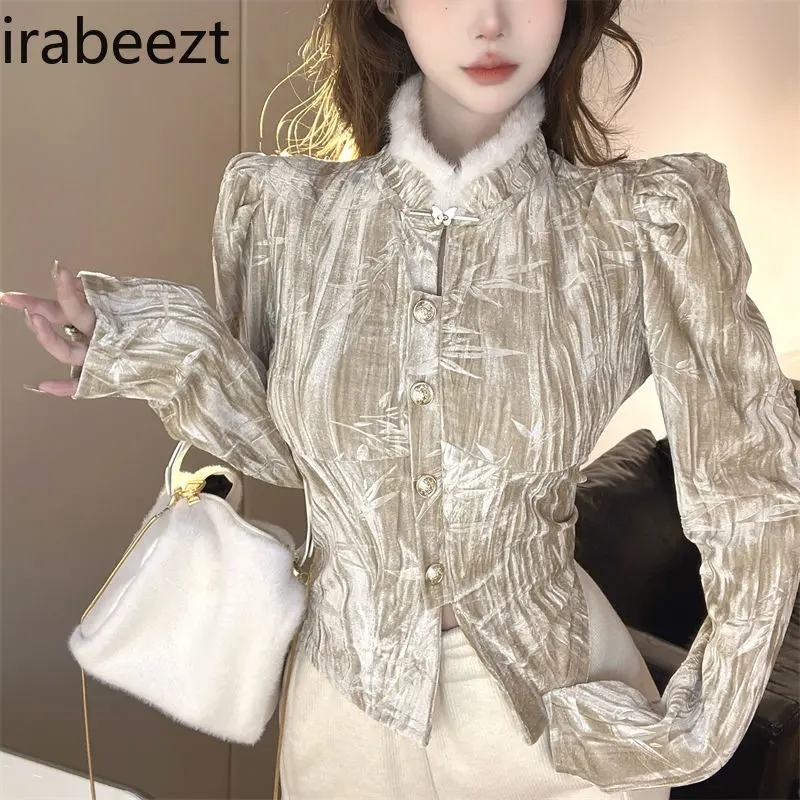 Senior Sense Outside To Wear Stand Collar Canary Puffed Sleeve Top Female New Autumn and Winter Style Slender Long-sleeved Shirt