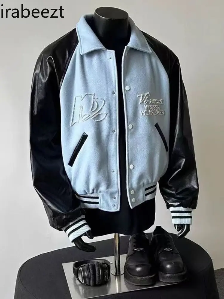American Retro High Street Contrast Color PU Leather Beaded Design Raglan Sleeve Coat for Men and Women Loose Couple Jacket
