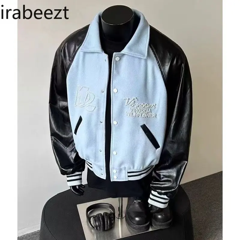 American Retro High Street Contrast Color PU Leather Beaded Design Raglan Sleeve Coat for Men and Women Loose Couple Jacket
