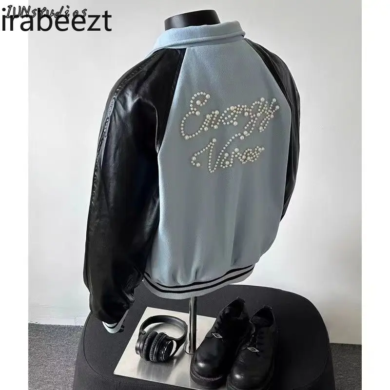 American Retro High Street Contrast Color PU Leather Beaded Design Raglan Sleeve Coat for Men and Women Loose Couple Jacket