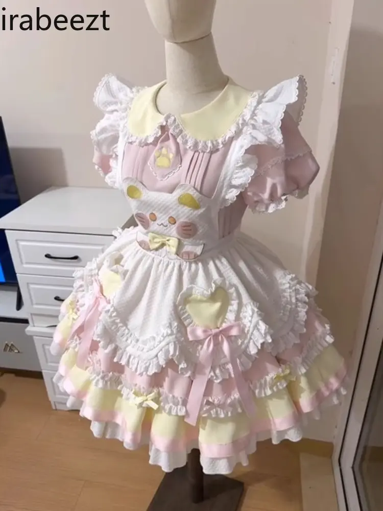 Summer New Premium Lolita Princess Robe with Butterfly Bow Petite Fit Cupcake Skirt for Women Elegant Floral Print Maxi Dress