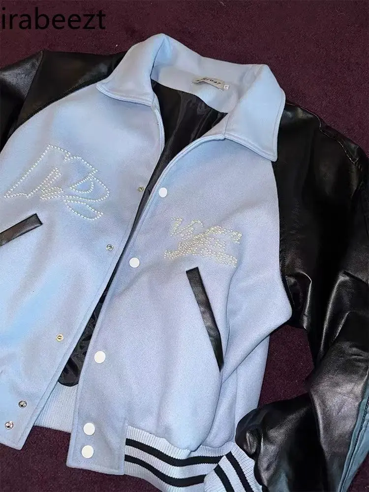 American Retro High Street Contrast Color PU Leather Beaded Design Raglan Sleeve Coat for Men and Women Loose Couple Jacket