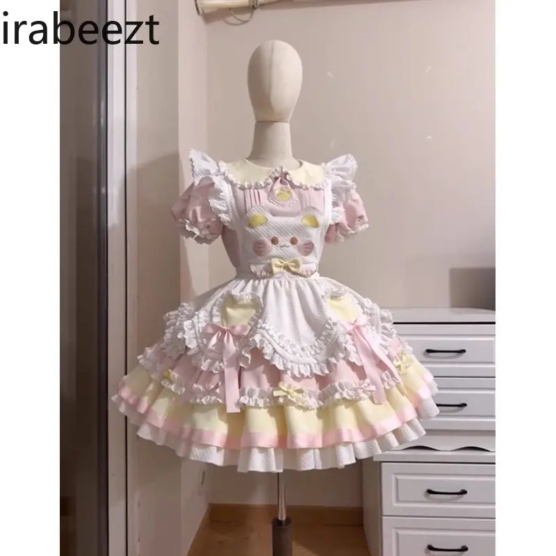 Summer New Premium Lolita Princess Robe with Butterfly Bow Petite Fit Cupcake Skirt for Women Elegant Floral Print Maxi Dress