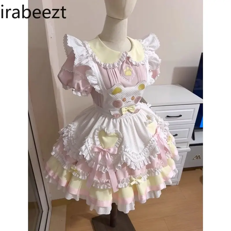 Summer New Premium Lolita Princess Robe with Butterfly Bow Petite Fit Cupcake Skirt for Women Elegant Floral Print Maxi Dress