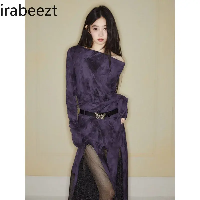 Ladies Dresses Design Sense Purple Skew Collar Long Sleeve Waist Retraction Gauze Spliced Sexy Slim Fitting Skirt Women Clothing