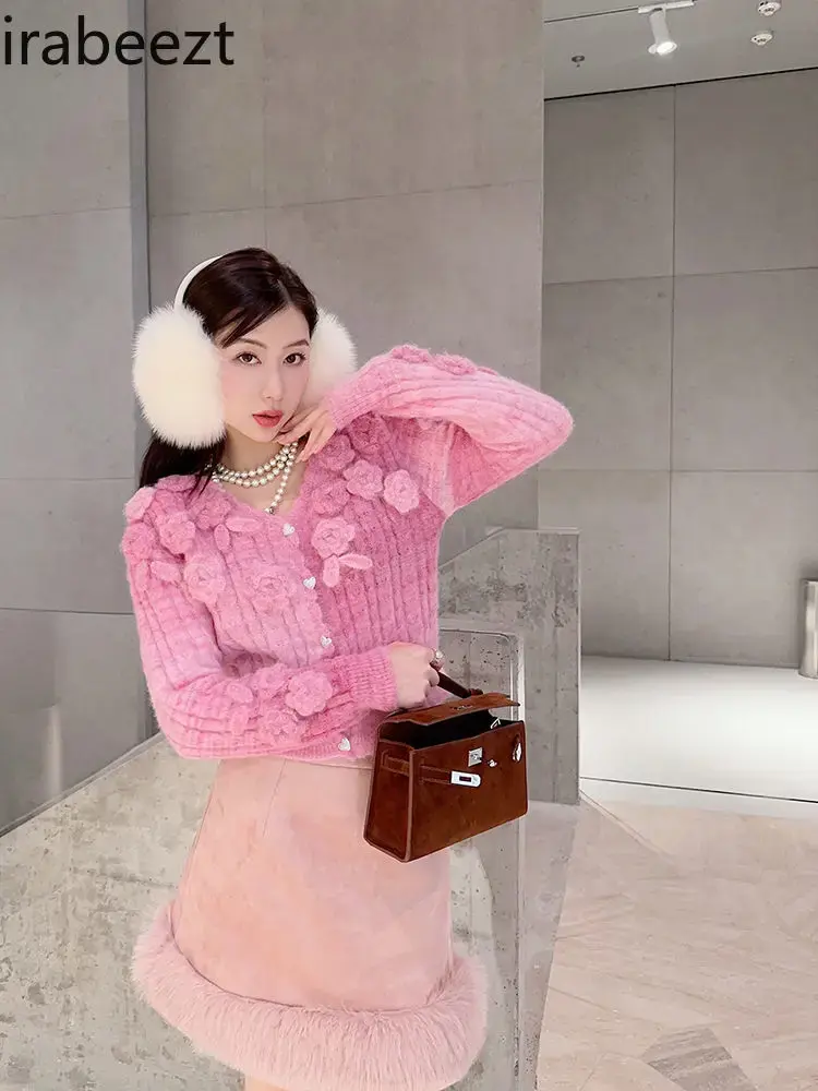 Unique Super Good-looking 2024 Autumn and Winter Women's New Pink Short Rose Gradient Color Sweater Cardigan Knitted Coat