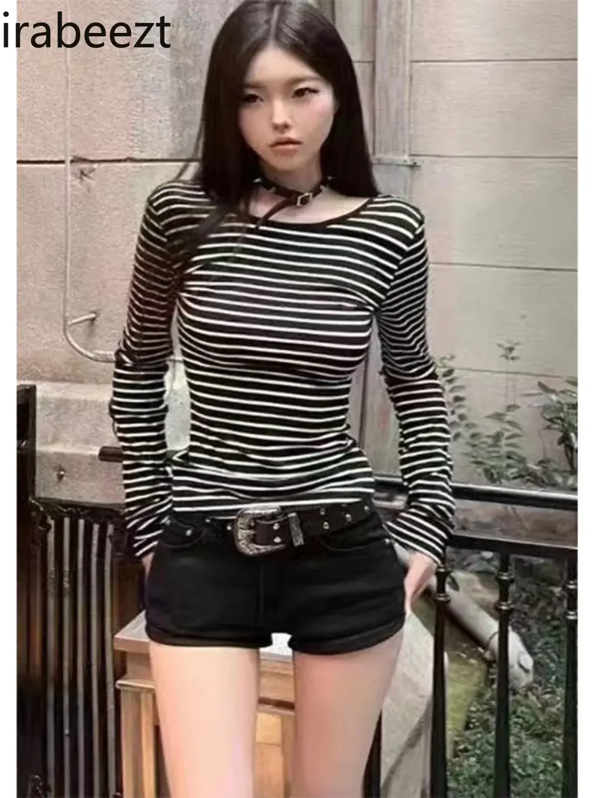 Retro Striped Skintight Backless Long Sleeve T-shirt Women's New 2024 Spring Slim-fit All-in-one Base Crop Top Women