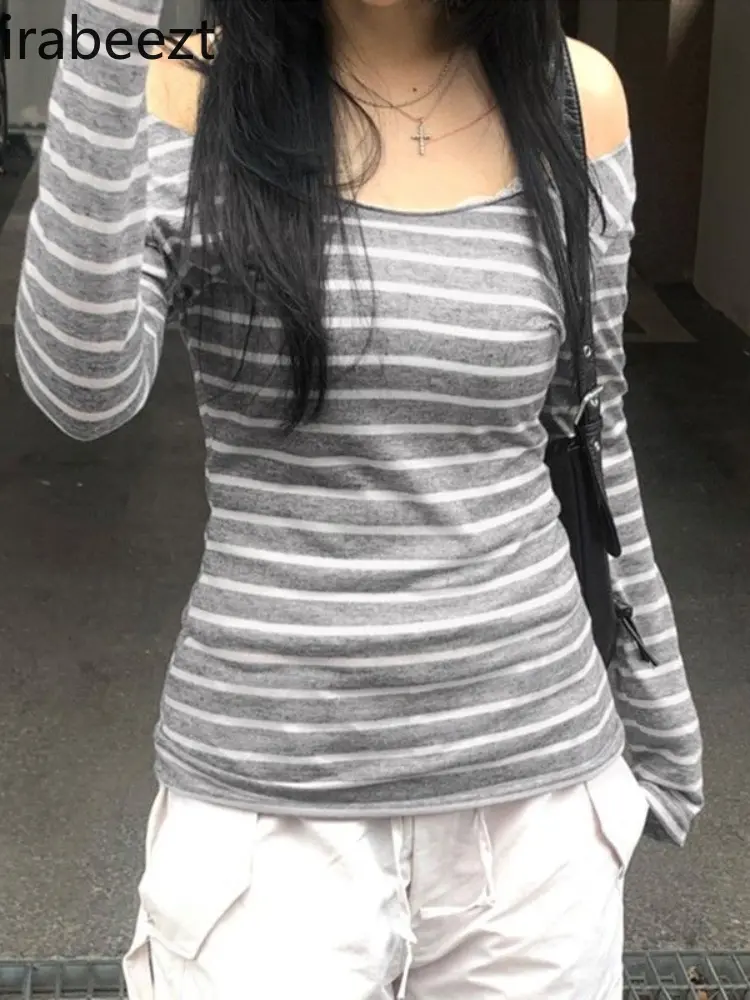 American Retro Striped Long Sleeve T-shirt Women Early Autumn All Fit Base Shirt A Line Shoulder Atmosphere Feeling Top
