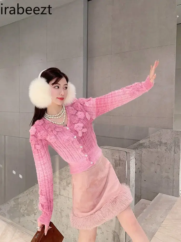 Unique Super Good-looking 2024 Autumn and Winter Women's New Pink Short Rose Gradient Color Sweater Cardigan Knitted Coat