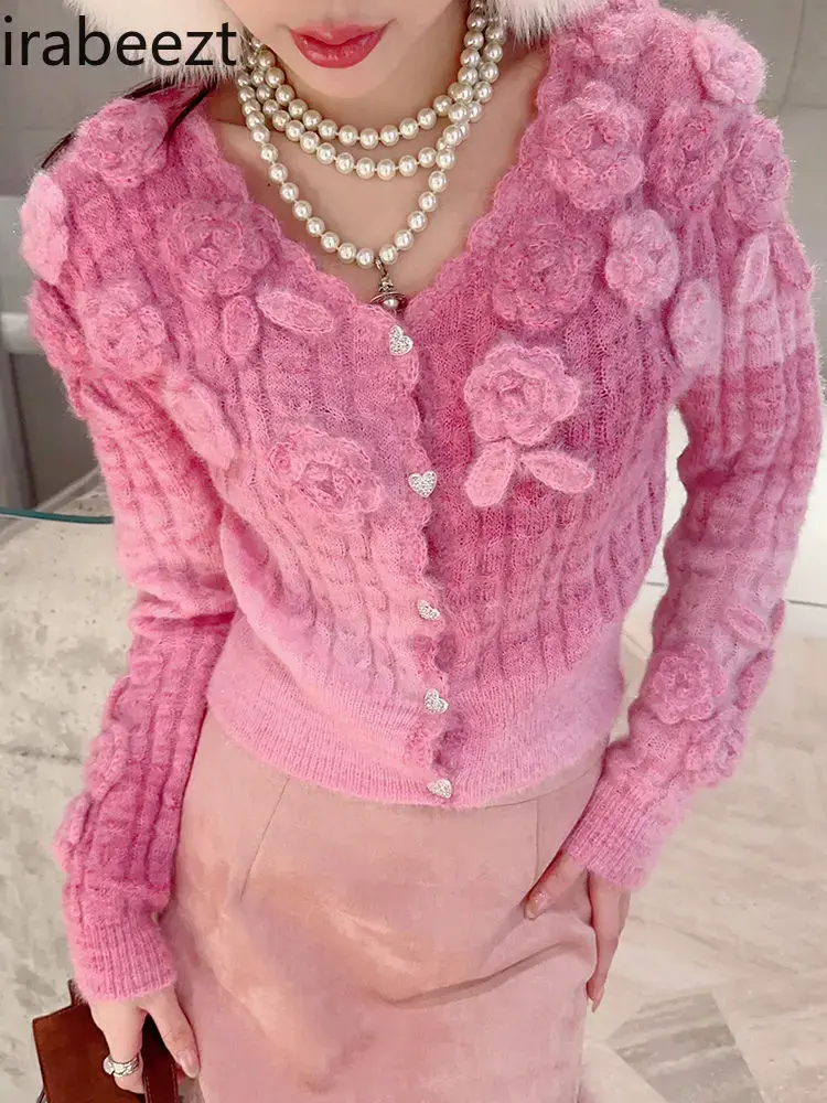 Unique Super Good-looking 2024 Autumn and Winter Women's New Pink Short Rose Gradient Color Sweater Cardigan Knitted Coat