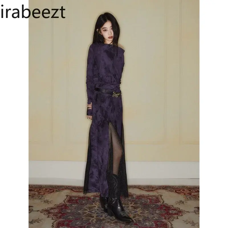 Ladies Dresses Design Sense Purple Skew Collar Long Sleeve Waist Retraction Gauze Spliced Sexy Slim Fitting Skirt Women Clothing